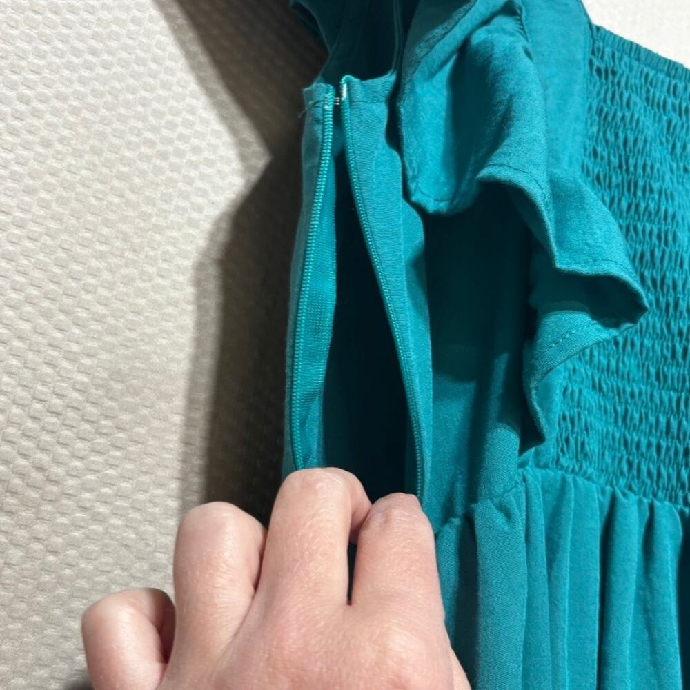 Entro Teal Green Ruffle Mini Dress Medium Flutter Sleeve Smocked Tiered Boho - Picture 10 of 10